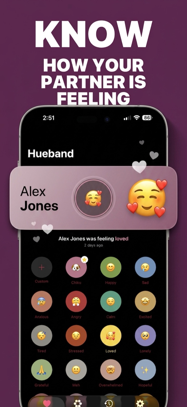 Hueband home screen showing a partner's current mood banner reading 'Alex Jones was feeling loved' above a colorful grid of tappable moods