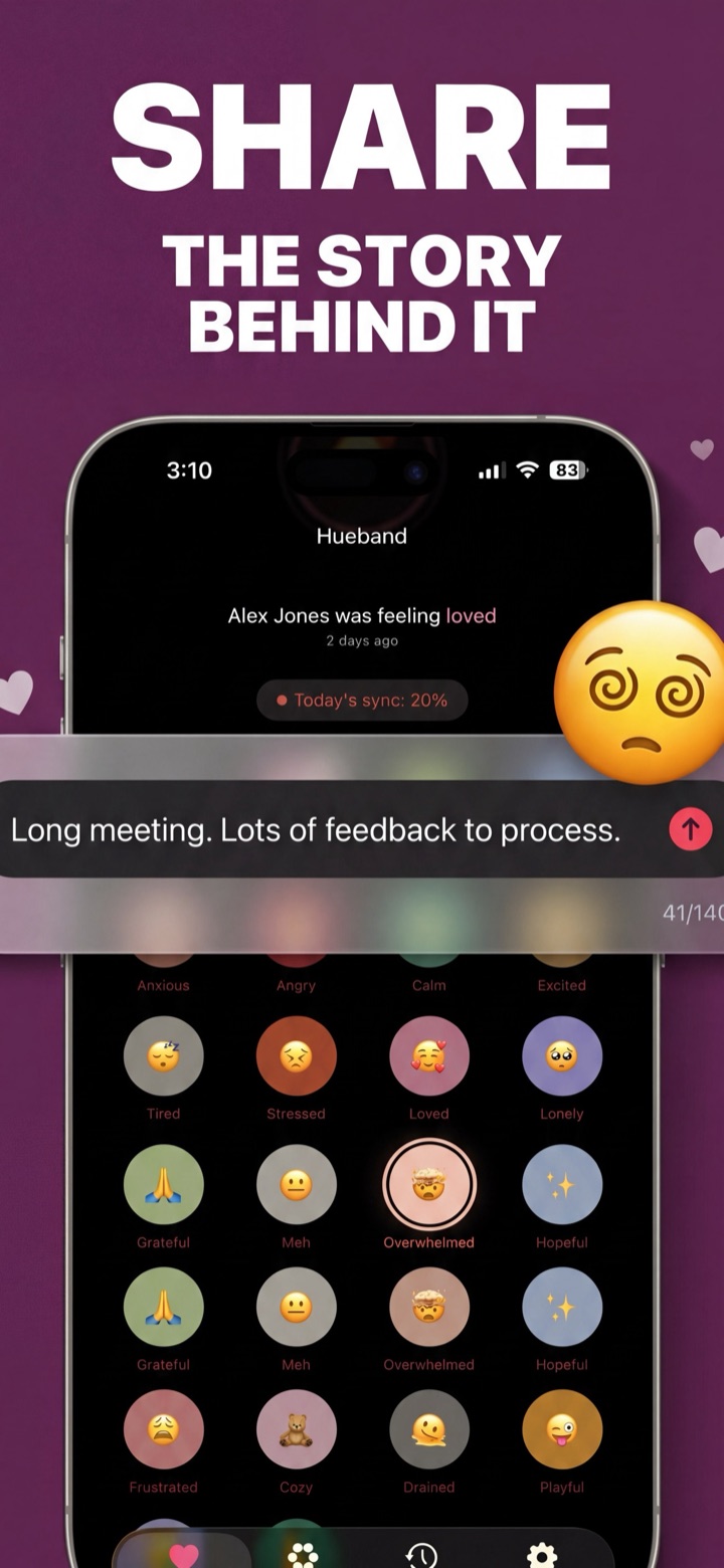 Hueband note composer sharing the story behind a mood, reading 'Long meeting. Lots of feedback to process.' with today's couple sync score shown below