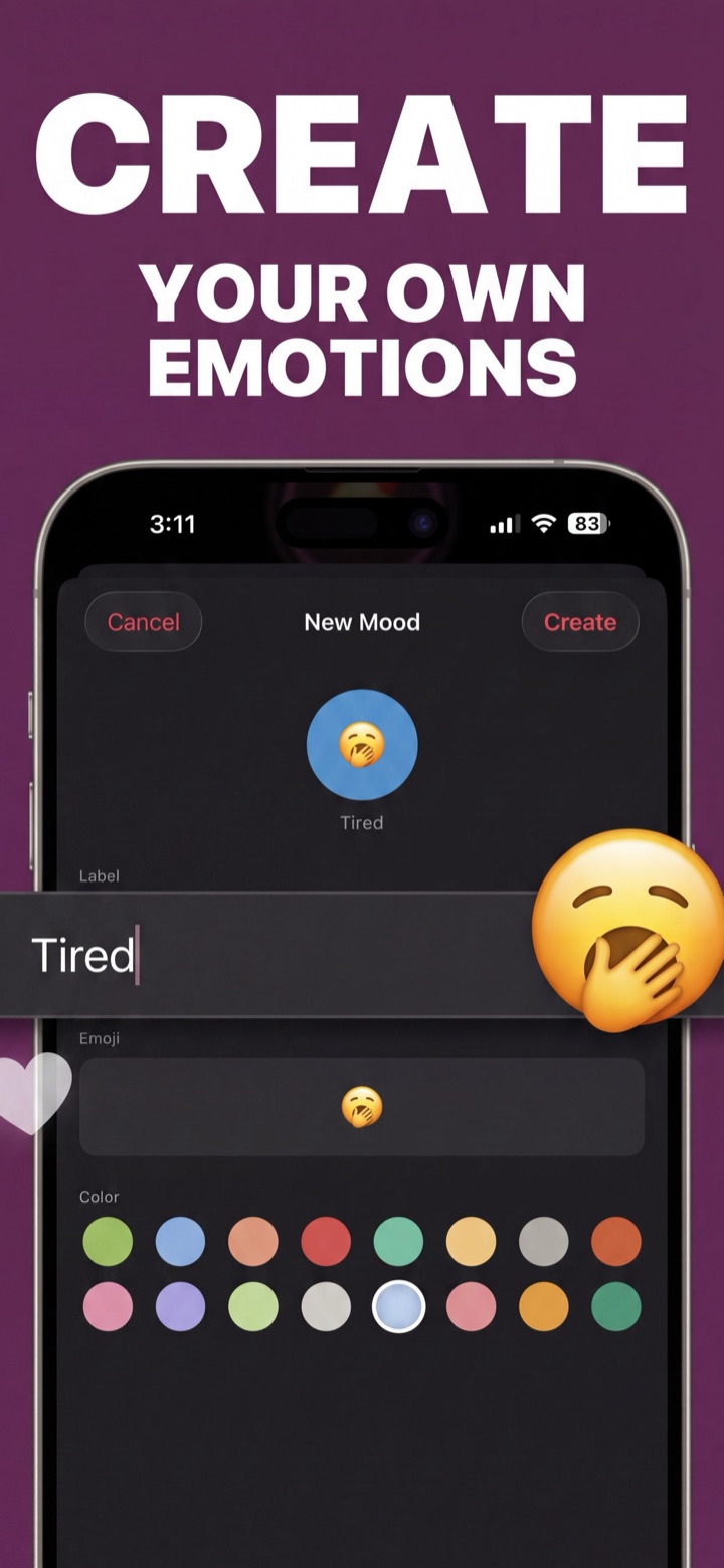 Hueband custom mood editor with the label 'Tired', an emoji picker, and a 16-color palette for building a couple's shared mood vocabulary
