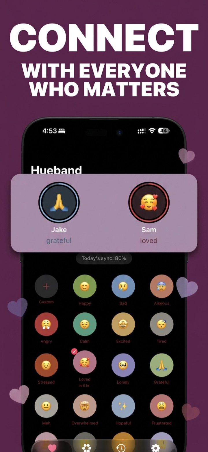 Hueband circle screen showing two members' current moods, Jake feeling grateful and Sam feeling loved, a Today's sync score of 80 percent, and a grid of tappable moods