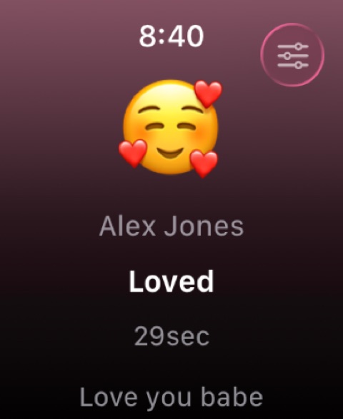 Close-up of the Hueband Apple Watch app showing a partner's name, current mood, and how long ago they checked in
