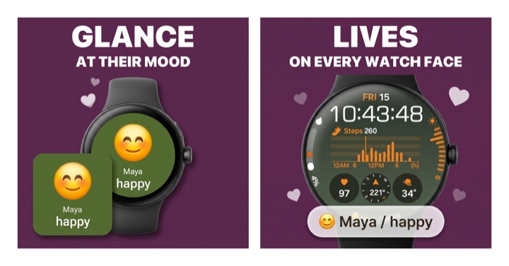 Showcase of Wear OS smartwatches running the Hueband couples app with partner moods on their watch faces